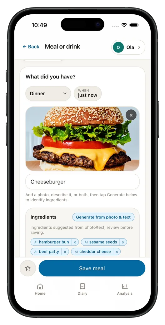 Meal logging screen: typing 'Cheeseburger' with AI-suggested ingredients like beef, cheese, and bread shown as removable tags