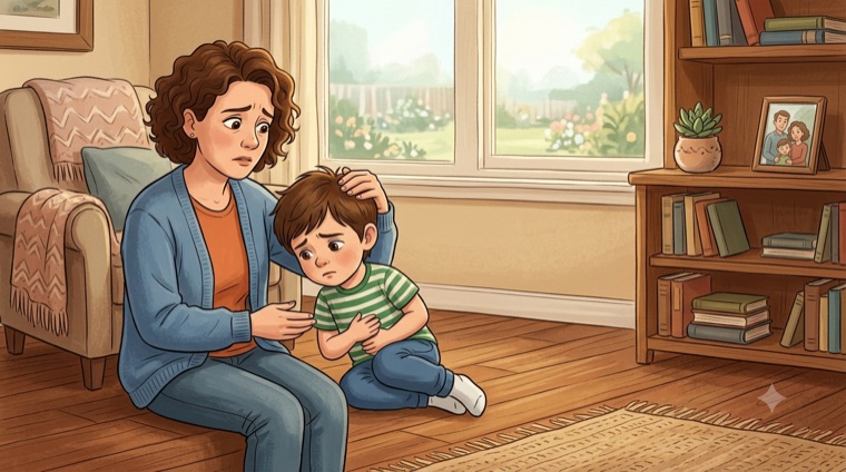 Illustration of a parent kneeling beside their child, who is sitting on the floor holding their stomach