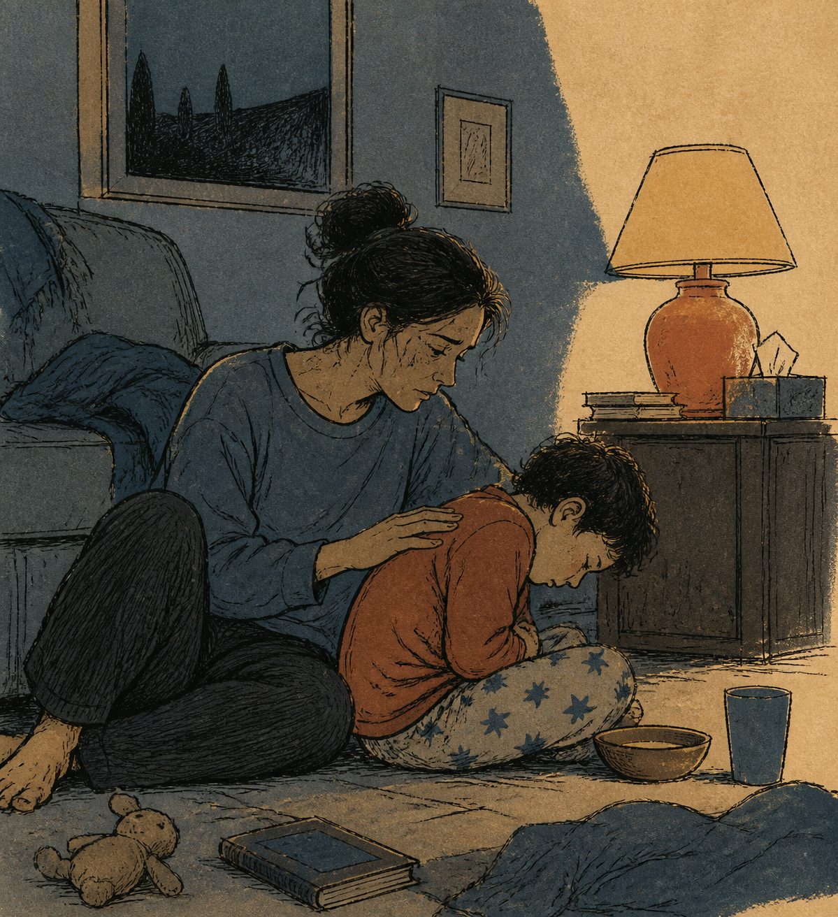 Illustration of a parent sitting on the floor late at night with a hand on their child's back, the child hunched over holding their stomach, a lamp lit beside them